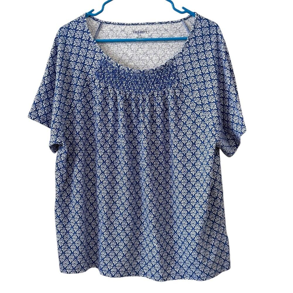 Talbots Blue & White Floral Print Smocked Neckline Top – Women’s XL